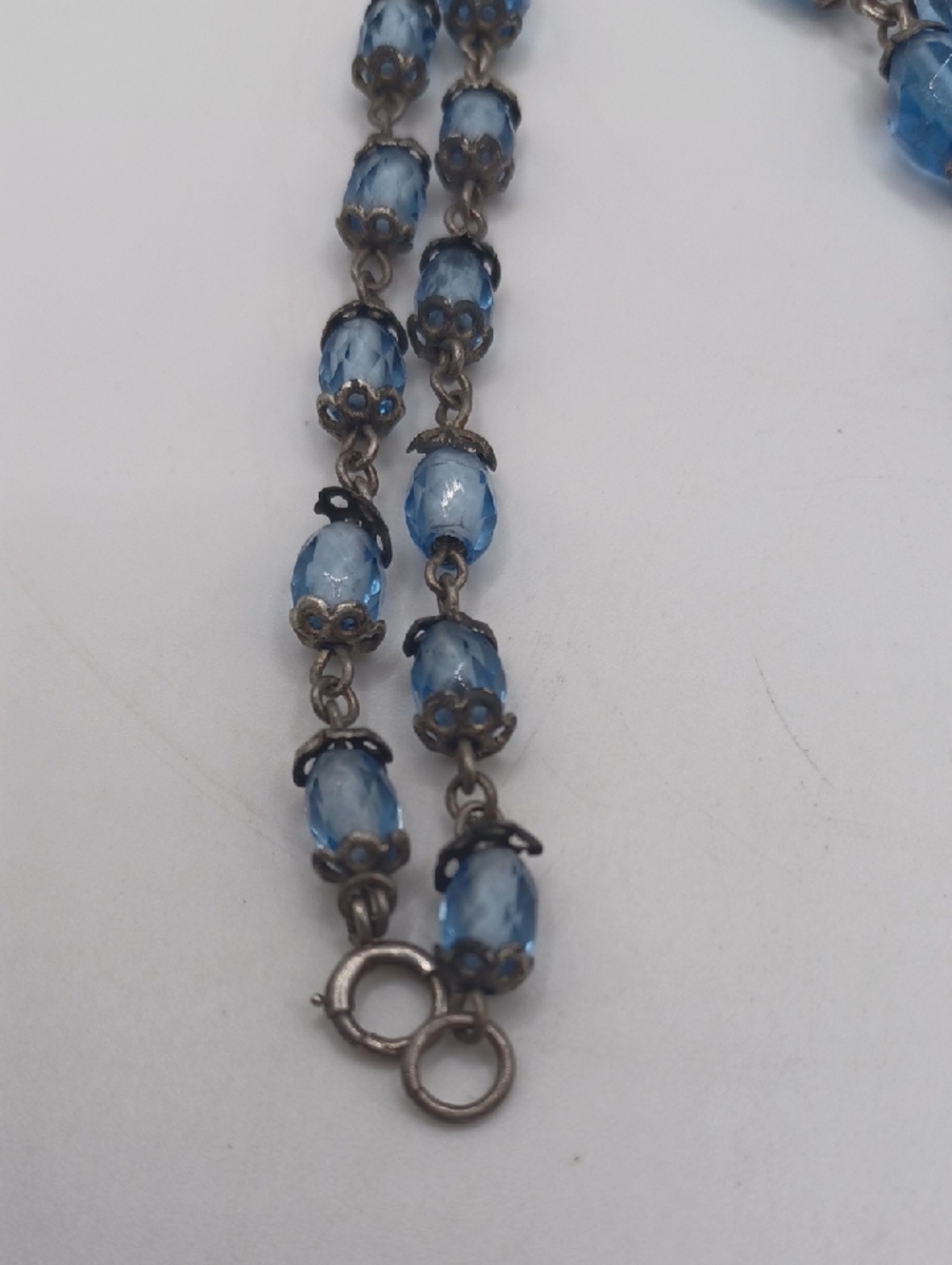 Blue Crystal Beaded Necklace With Floral Style Beadcaps Sterling Clasp - Picture 4 of 7